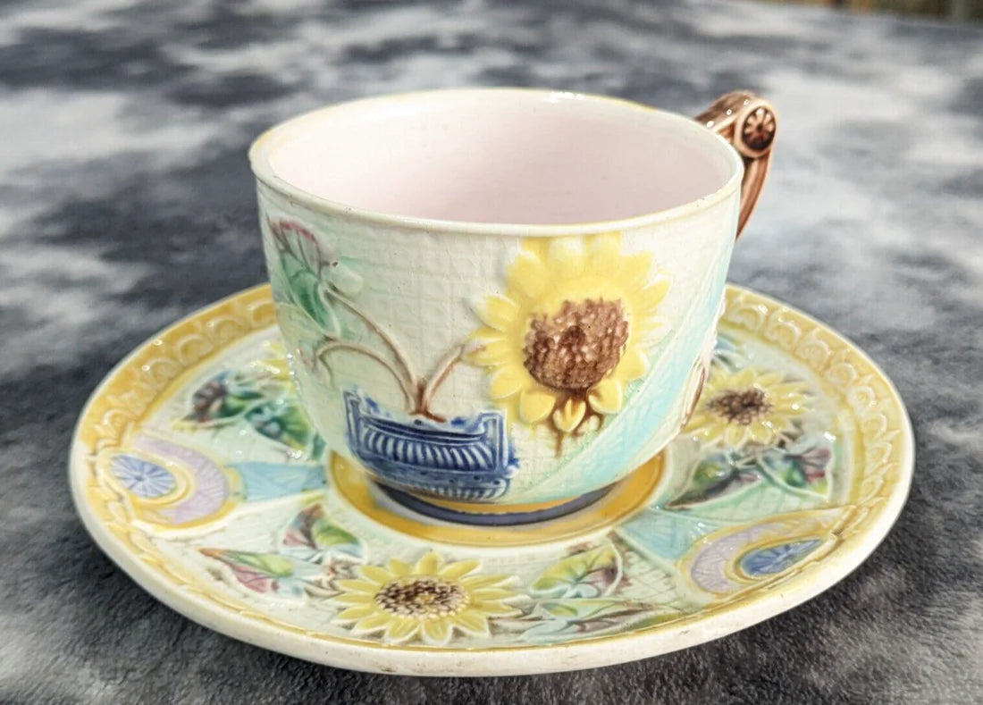 Victorian Aesthetic Movement Majolica Sunflower Urn Samuel Lear Teacup and Saucer Antique 19th Century