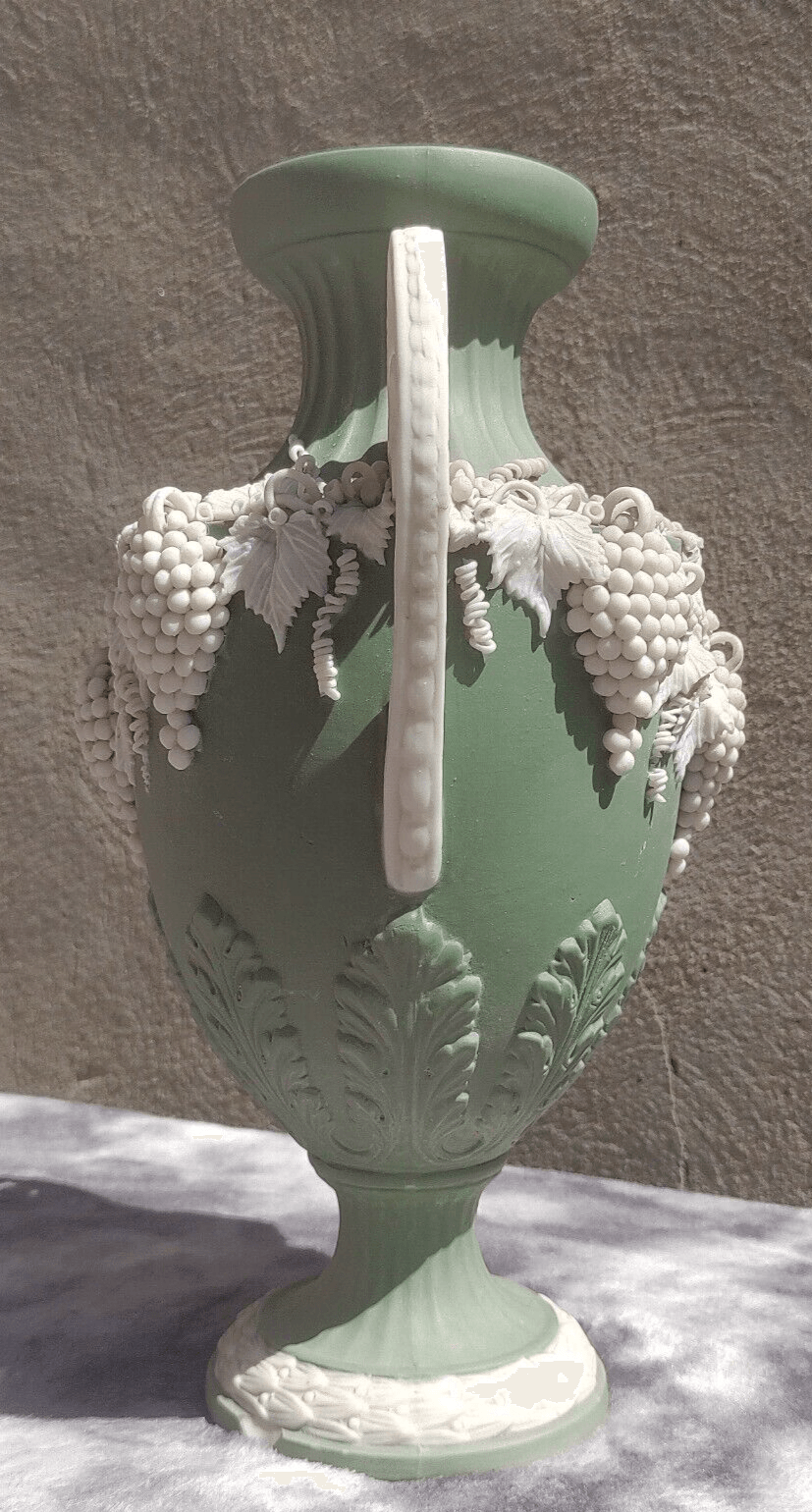 Victorian Antique Green Parian Jasperware Porcelain Vase with Vines & Grapes - 27 cm - Tommy's Treasure