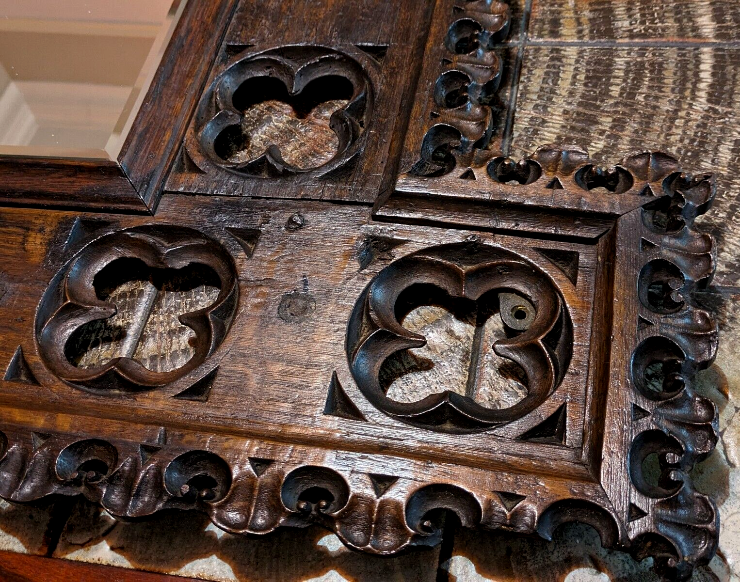 15th Century Gothic Carved Oak Wood Quatrefoil Tracery Panel Antique 19th Mirror