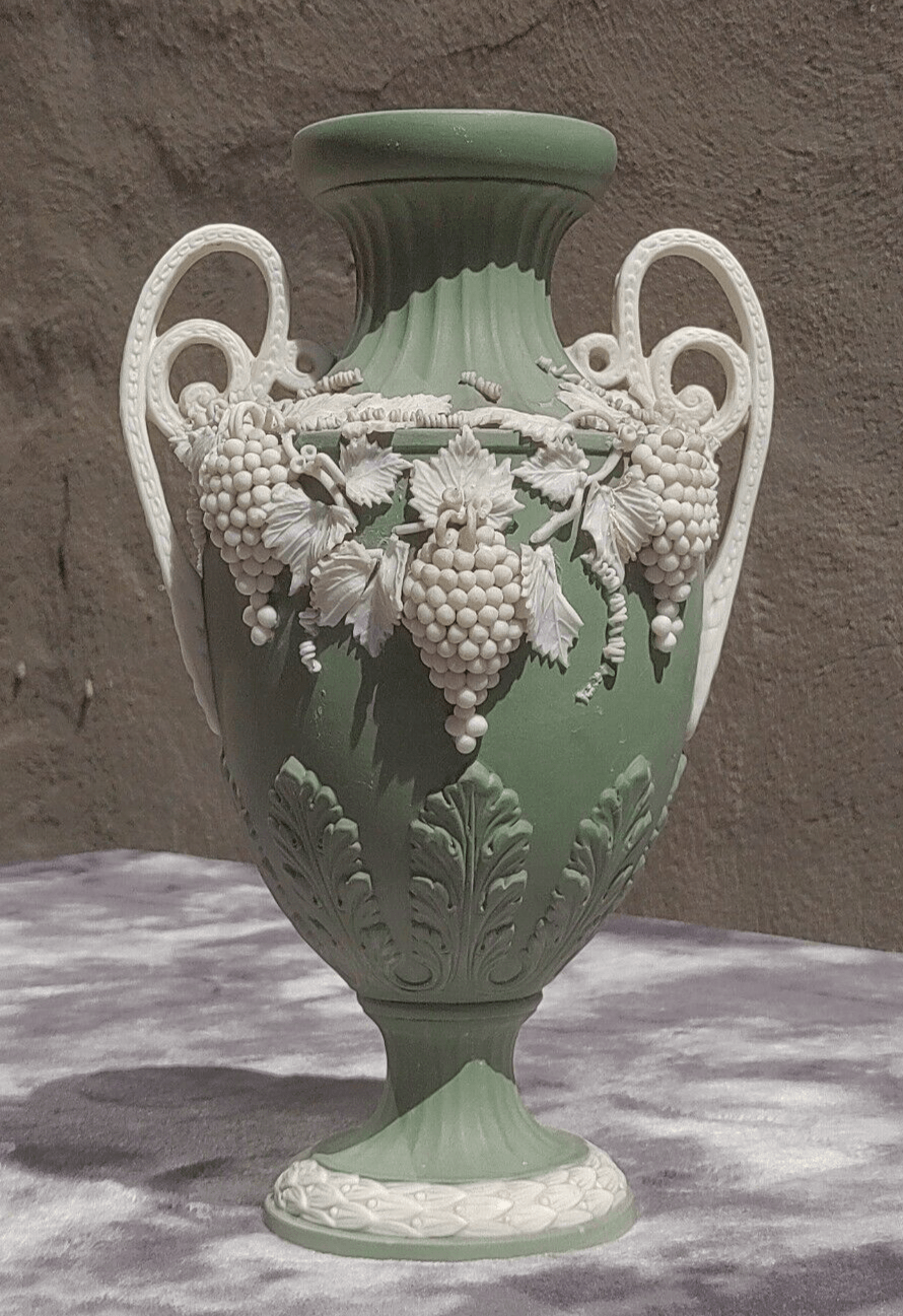 Victorian Antique Green Parian Jasperware Porcelain Vase with Vines & Grapes - 27 cm - Tommy's Treasure