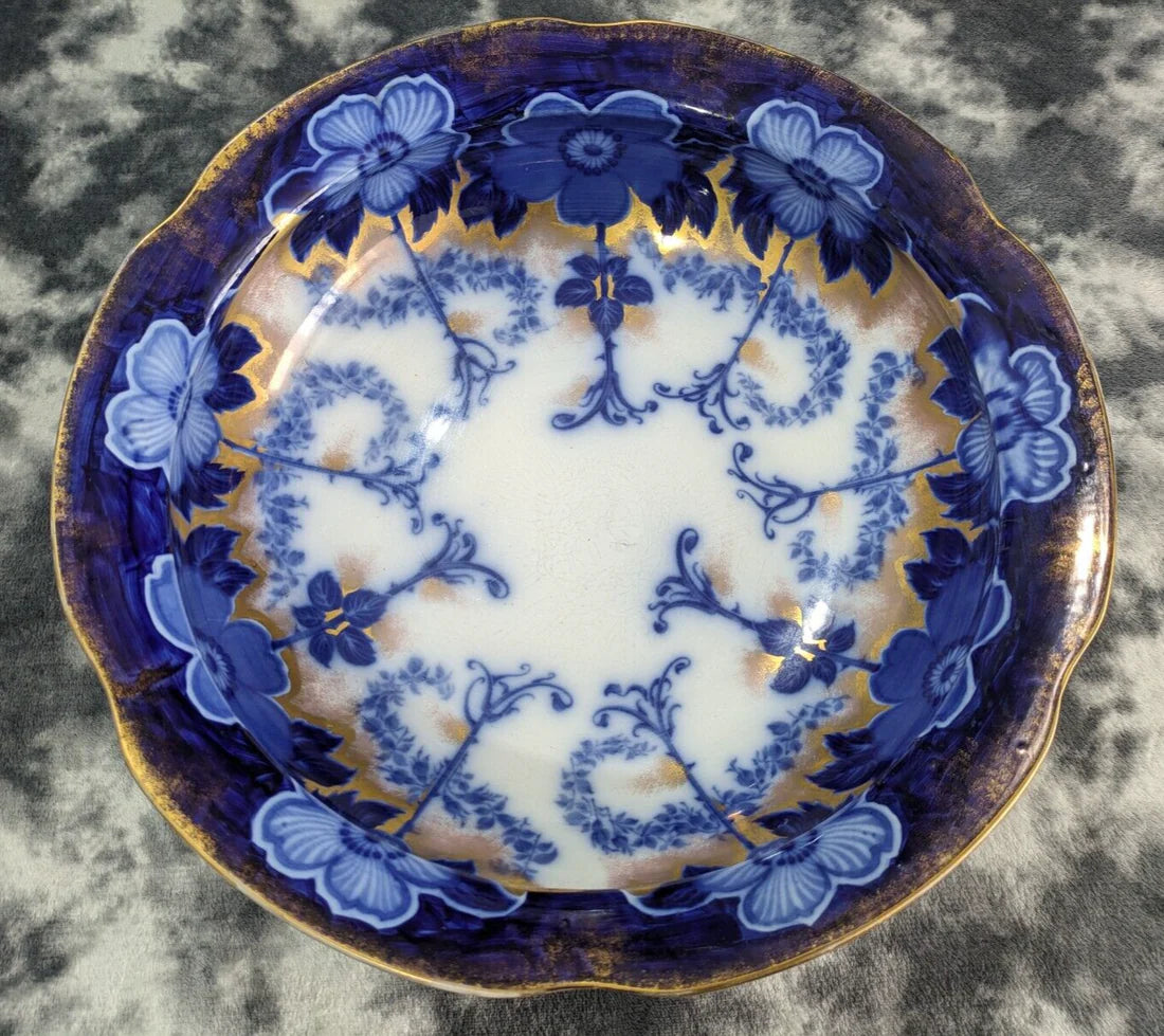 Rare Burgess and Leigh Middleport Briar Pattern Gilt Flow Blue Wash Bowl Basin Antique Edwardian Pottery Ceramic 42.5 cm