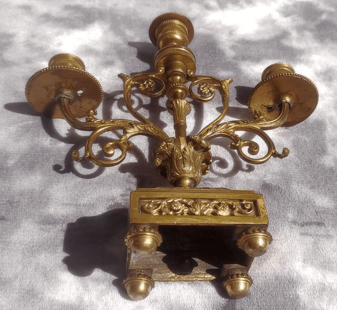 19th Century French Antique Gilt Brass Three Light Candelabra Candlestick Holder - Tommy's Treasure