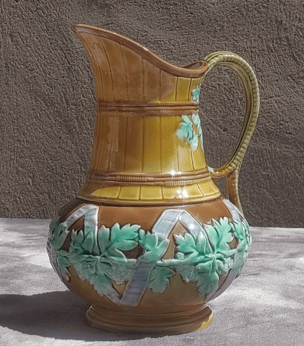 Antique Majolica Ceramic Pottery Ribbons & Blossom Barrel Jug - Tommy's Treasure