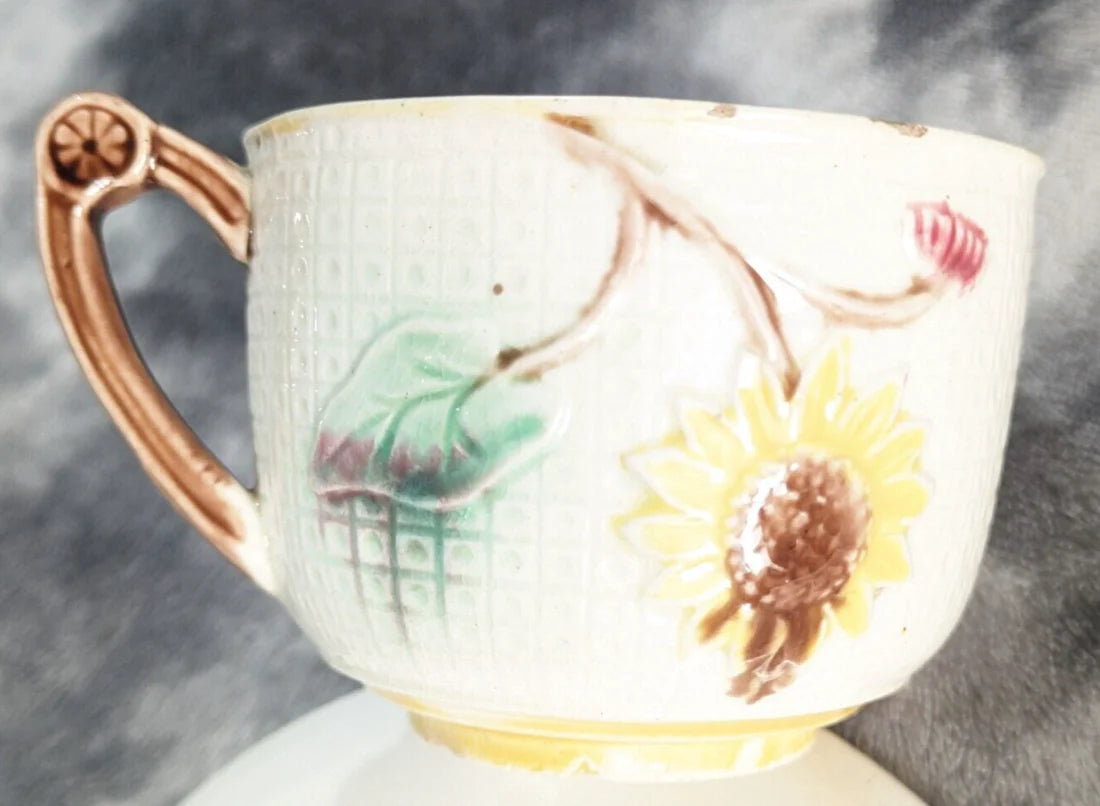 Victorian Aesthetic Movement Majolica Sunflower Urn Samuel Lear Teacup and Saucer Antique 19th Century