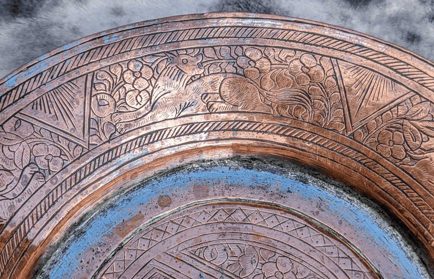 Antique Islamic Ottoman Tinned Copper Dish Engraved Calligraphy Script Animals - Tommy's Treasure