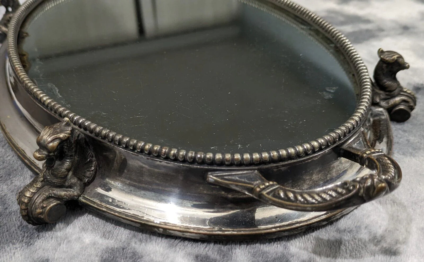 19th Century Victorian Oval Silver Plate Mirror Table Centerpiece Plateau Griffin Tray Antique 43 cm