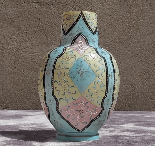 Antique Harrach Bohemian Czech Glass Victorian Blue Pink Cream Moroccan Vase - Tommy's Treasure