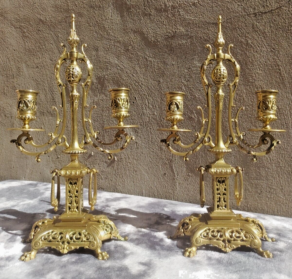 Pair of Ornate Victorian Antique Brass Candelabra Twin Candlestick Holders 36 cm