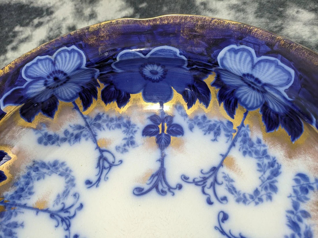 Rare Burgess and Leigh Middleport Briar Pattern Gilt Flow Blue Wash Bowl Basin Antique Edwardian Pottery Ceramic 42.5 cm