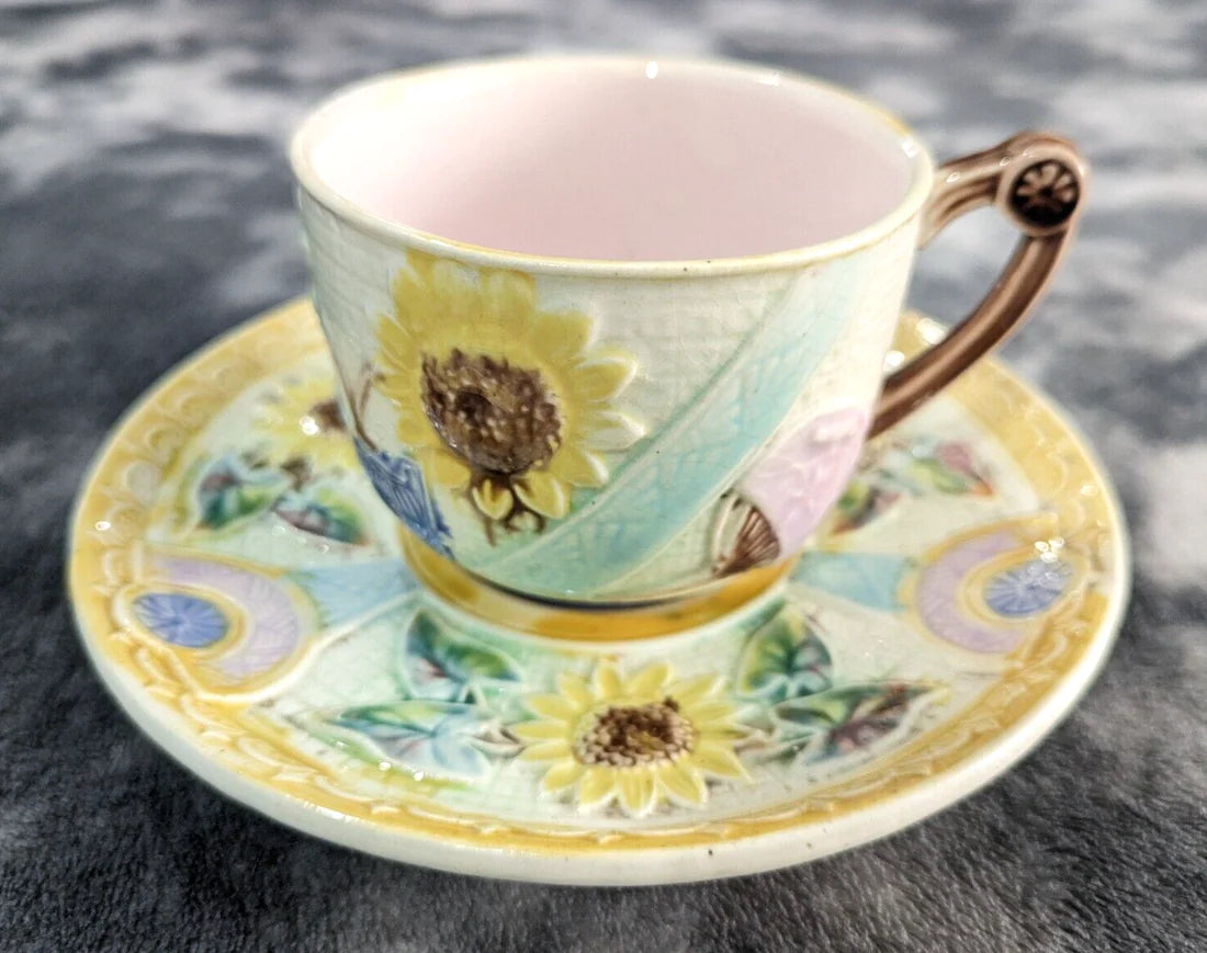 Victorian Aesthetic Movement Majolica Sunflower Urn Samuel Lear Teacup and Saucer Antique 19th Century