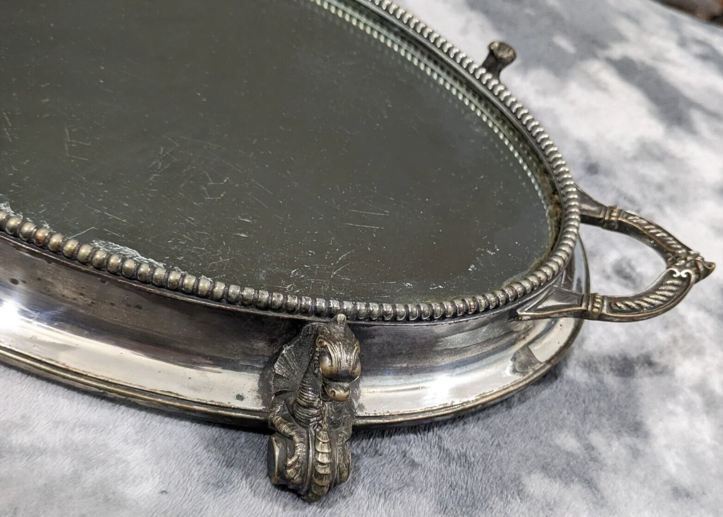 19th Century Victorian Oval Silver Plate Mirror Table Centerpiece Plateau Griffin Tray Antique 43 cm