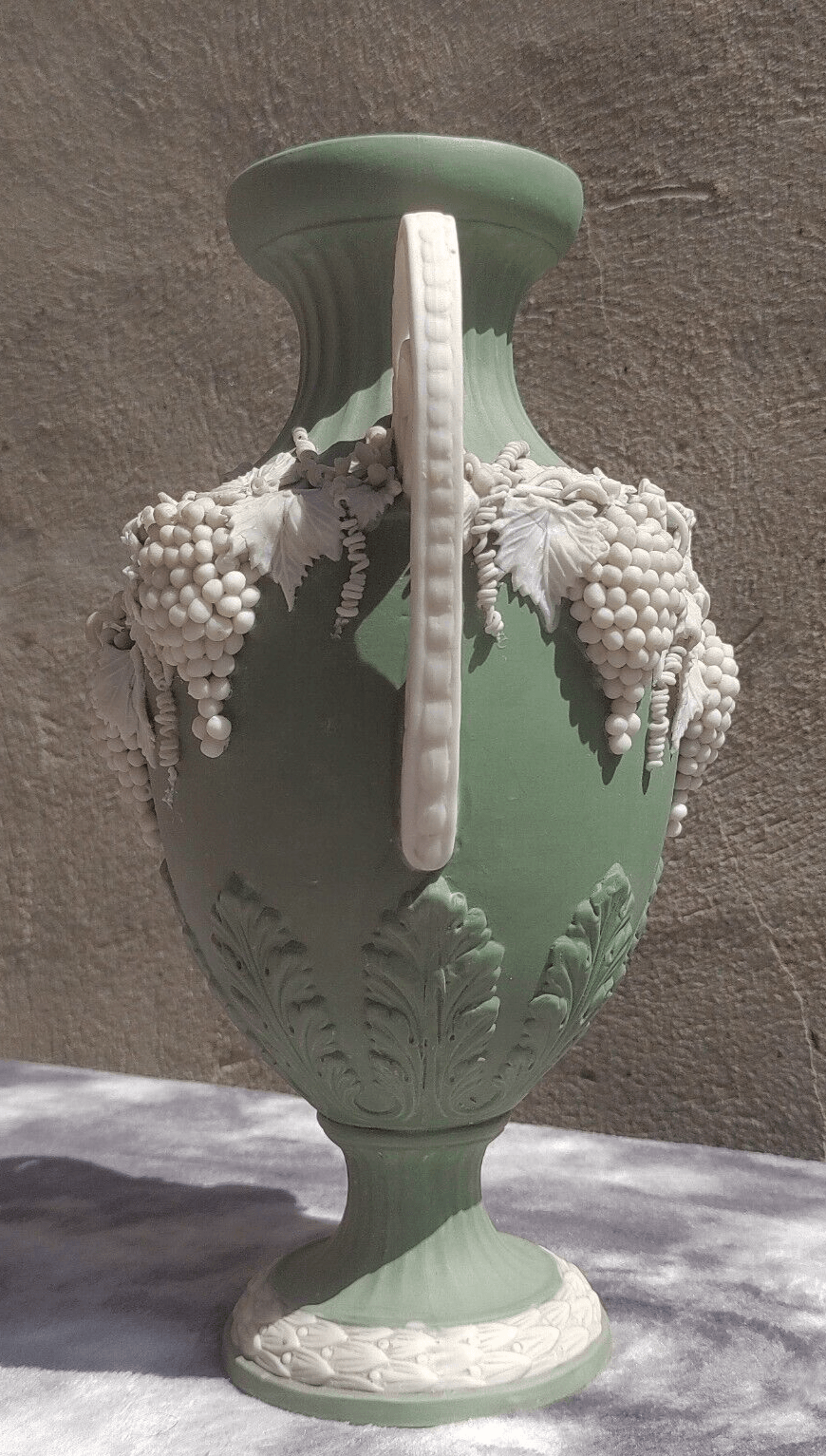Victorian Antique Green Parian Jasperware Porcelain Vase with Vines & Grapes - 27 cm - Tommy's Treasure