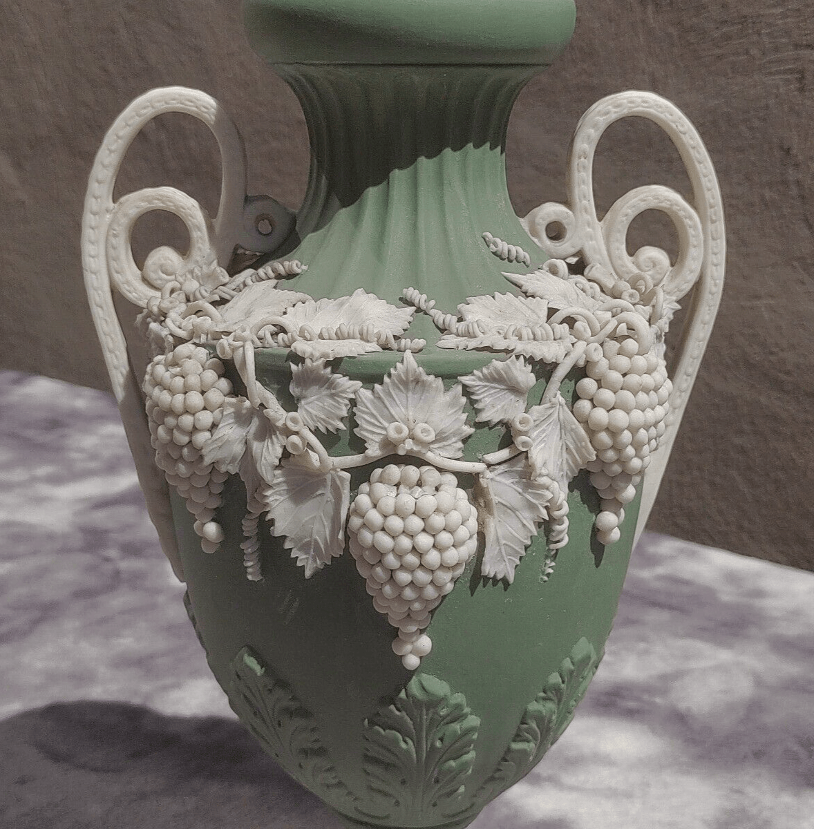 Victorian Antique Green Parian Jasperware Porcelain Vase with Vines & Grapes - 27 cm - Tommy's Treasure