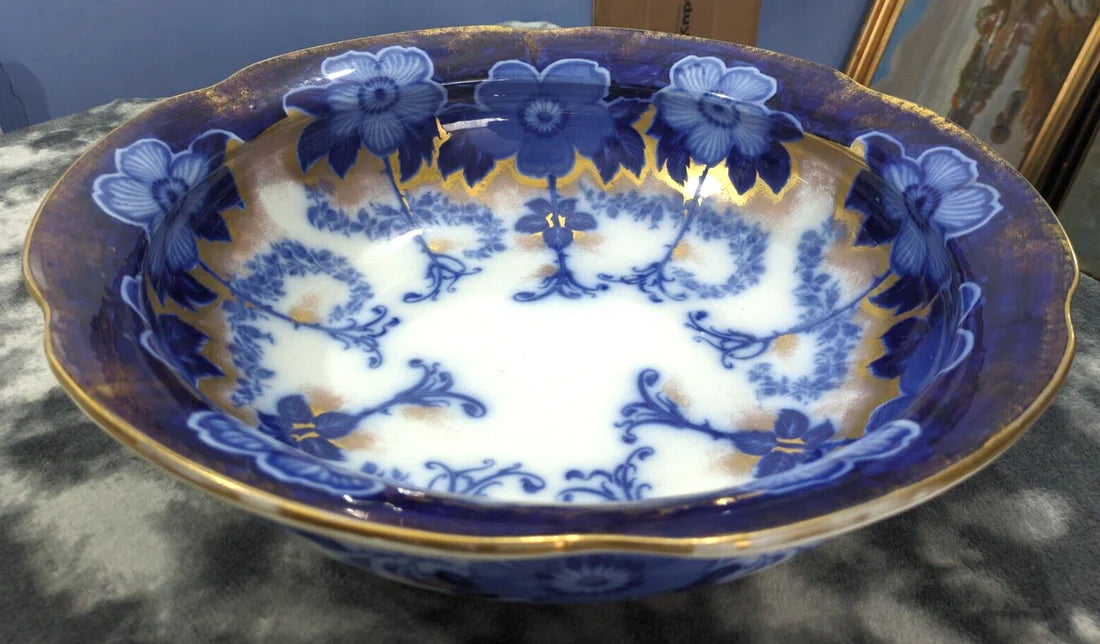 Rare Burgess and Leigh Middleport Briar Pattern Gilt Flow Blue Wash Bowl Basin Antique Edwardian Pottery Ceramic 42.5 cm