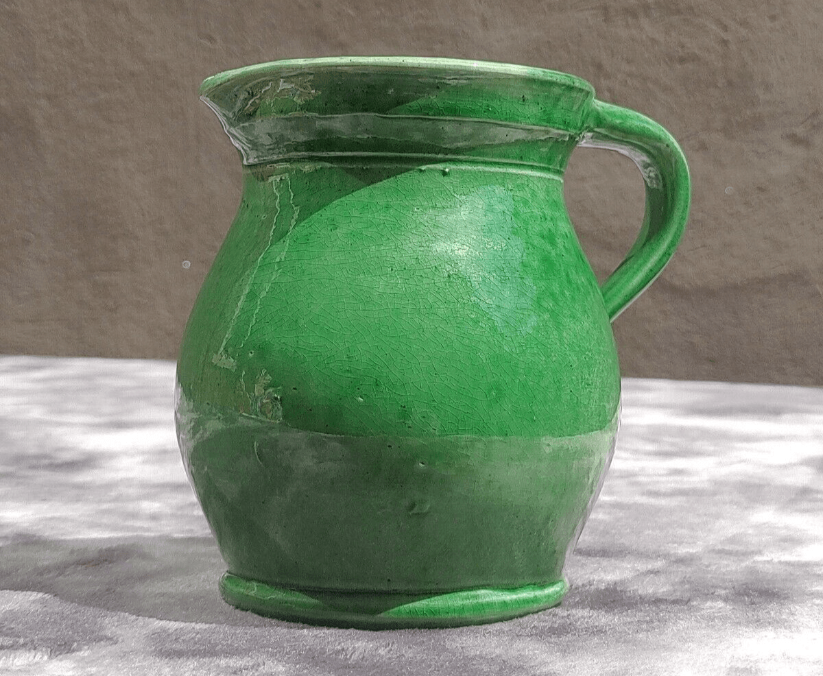 Antique French Green Tin Glazed Ceramic Pottery Farm Water Milk Jug Pitcher - Tommy's Treasure