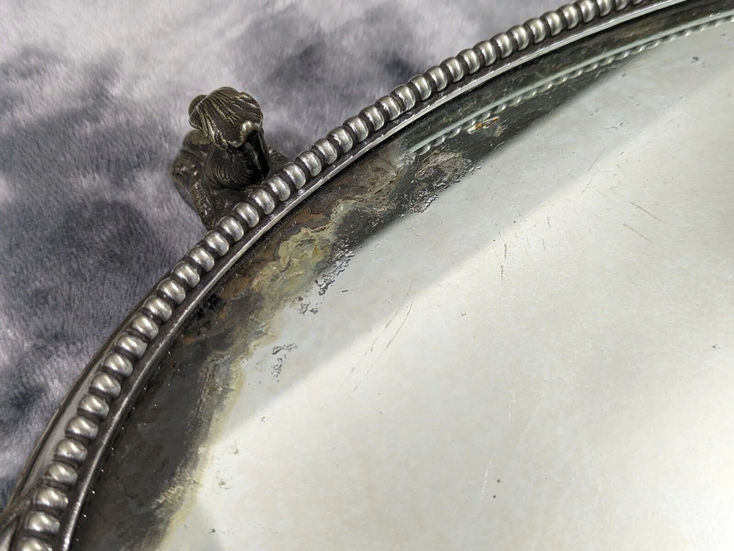 19th Century Victorian Oval Silver Plate Mirror Table Centerpiece Plateau Griffin Tray Antique 43 cm