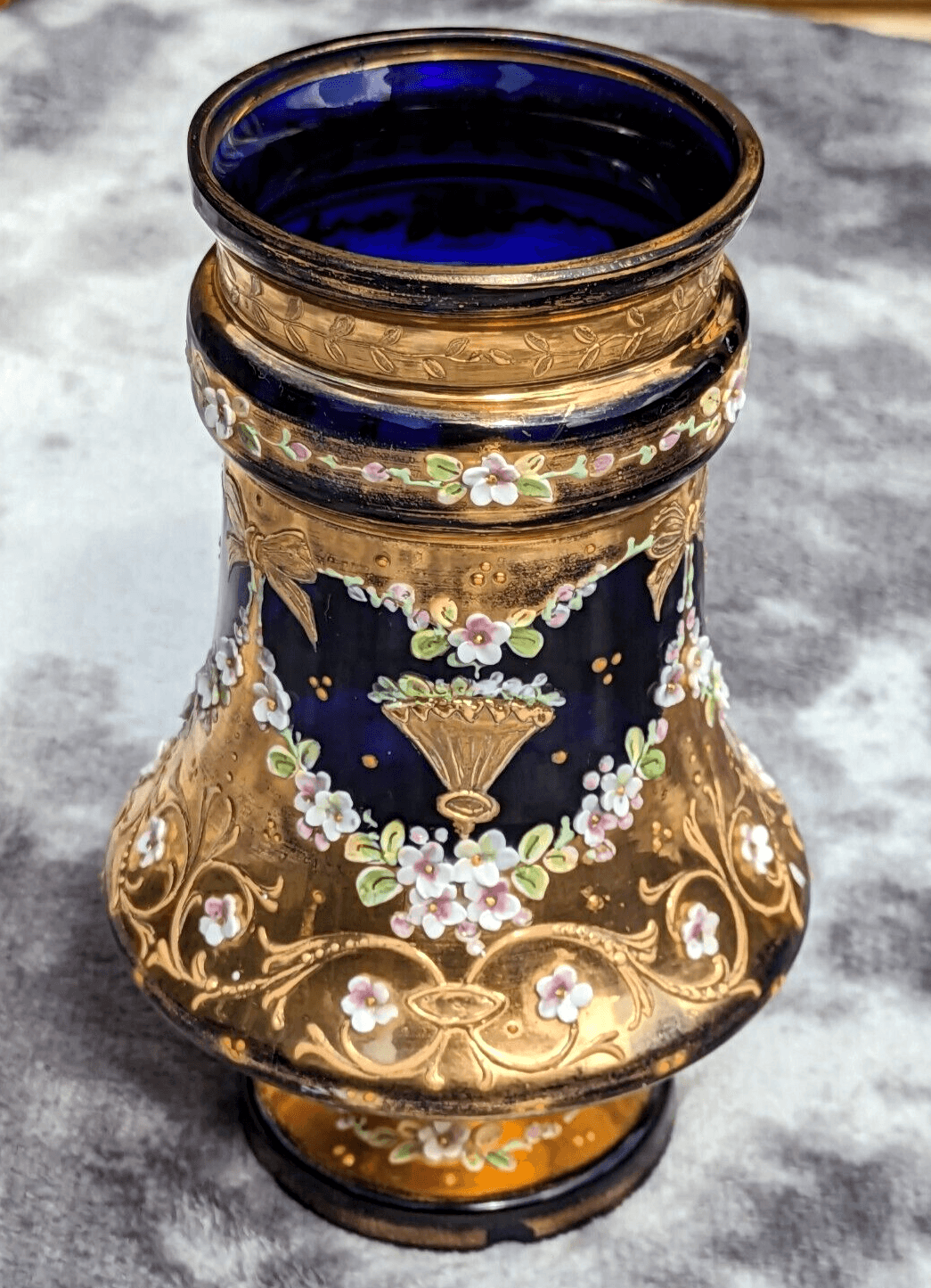 Vintage Czech Cobalt Blue Gilt Bohemian Glass Vase Hand Painted Enameled Flowers - Tommy's Treasure