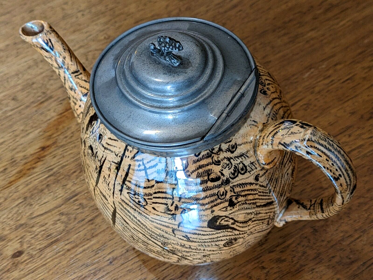 Antique Early 19th Century Staffordshire Transfer Slipware Ceramic Pewter Teapot