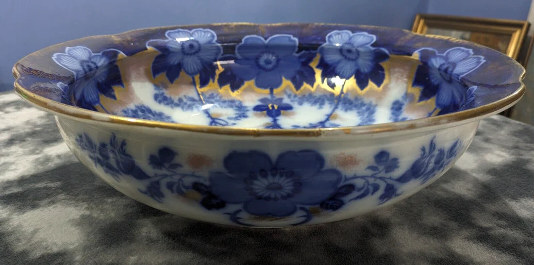 Rare Burgess and Leigh Middleport Briar Pattern Gilt Flow Blue Wash Bowl Basin Antique Edwardian Pottery Ceramic 42.5 cm