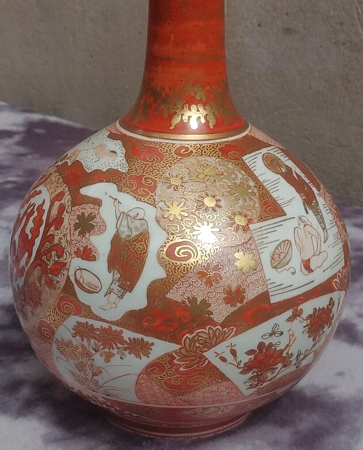 Large 19th Century Antique Japanese Meiji Kutani Porcelain Bottle Vase - 35 cm