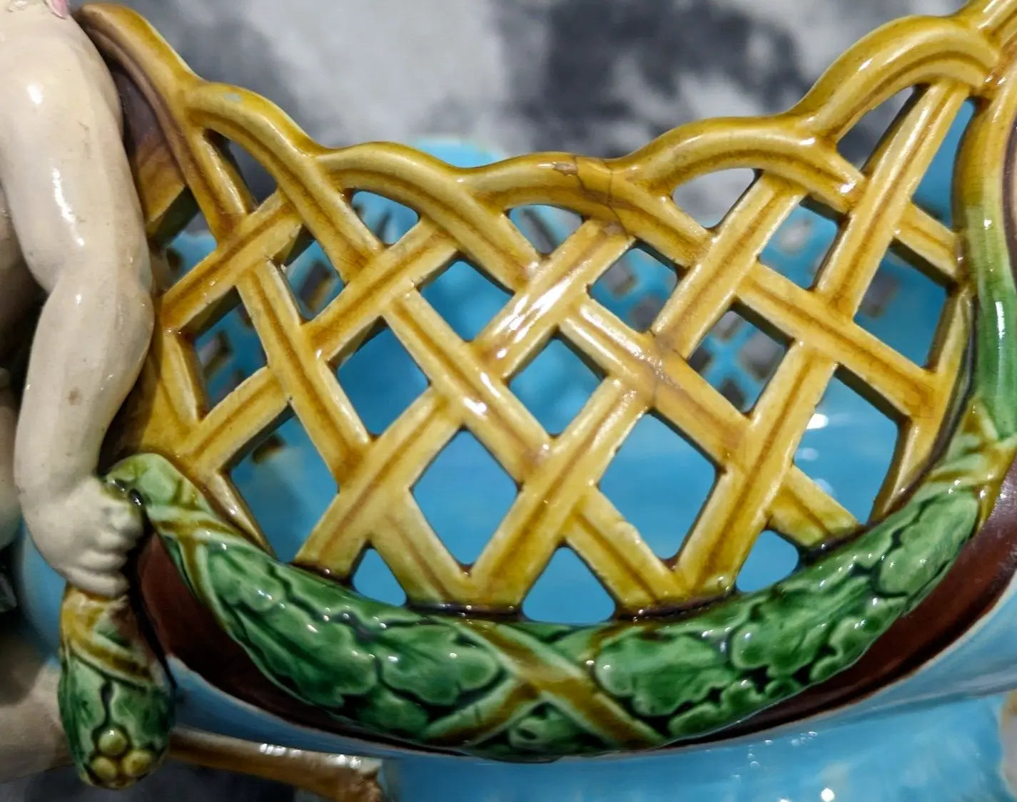 Rare Mintons Majolica Carrier-Belleuse Lattice Basket Faun 19th Century Antique Ceramic