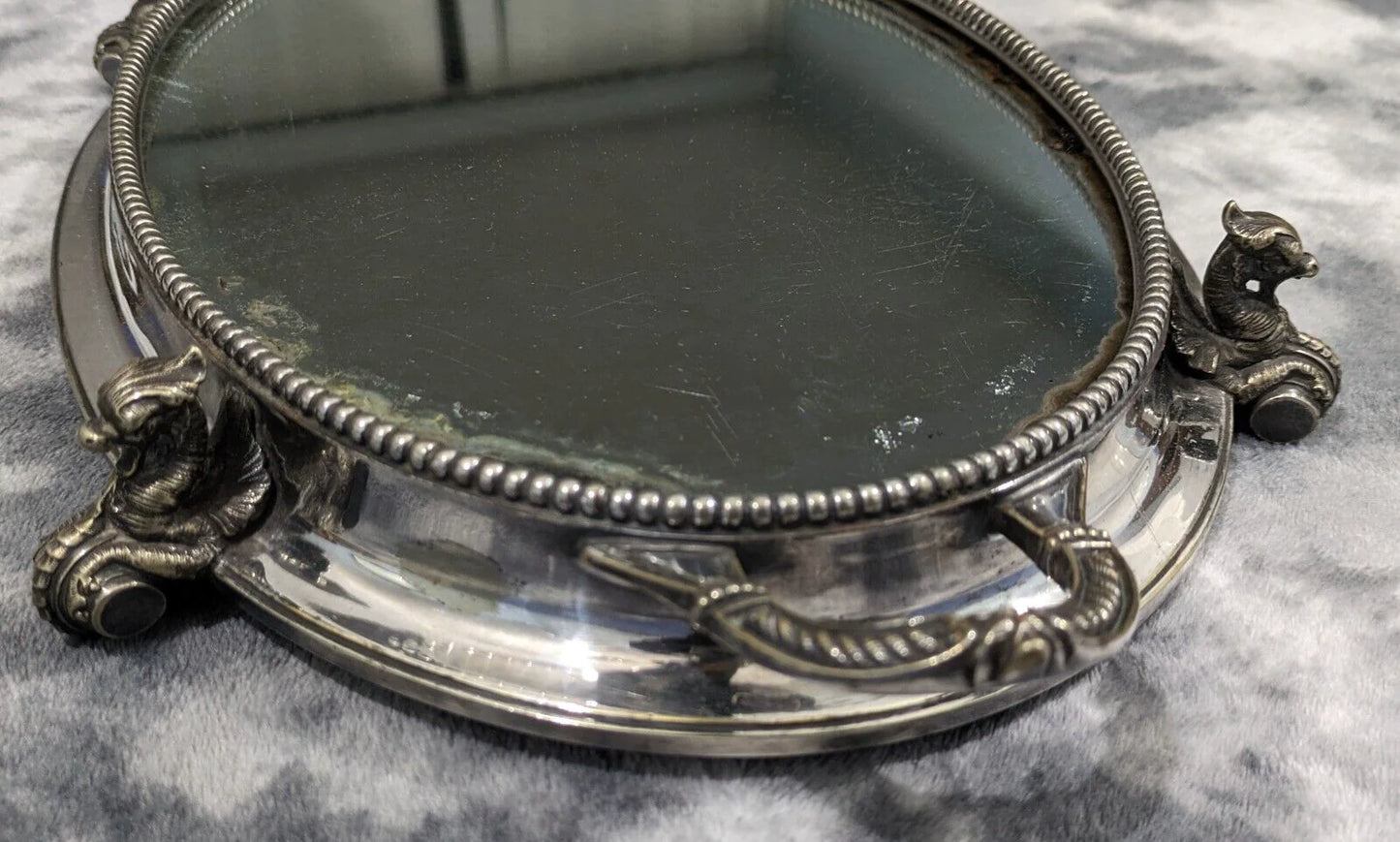 19th Century Victorian Oval Silver Plate Mirror Table Centerpiece Plateau Griffin Tray Antique 43 cm