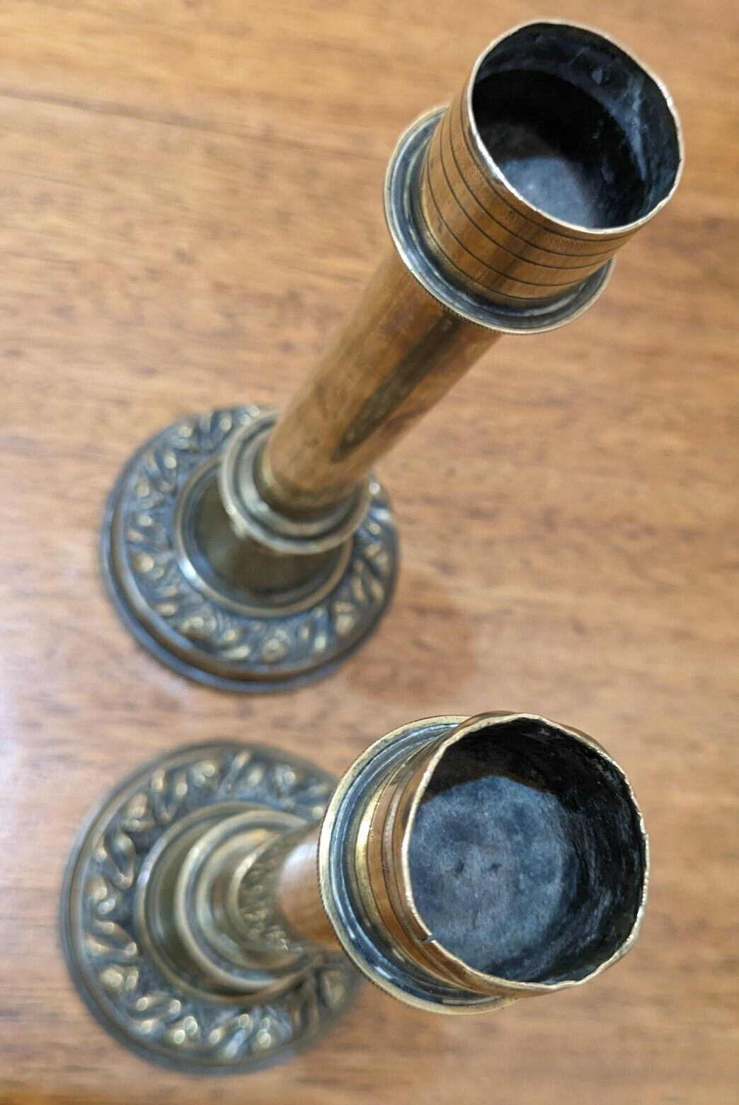 Pair of Arts & Crafts Brass Column Candlestick Holders Antique