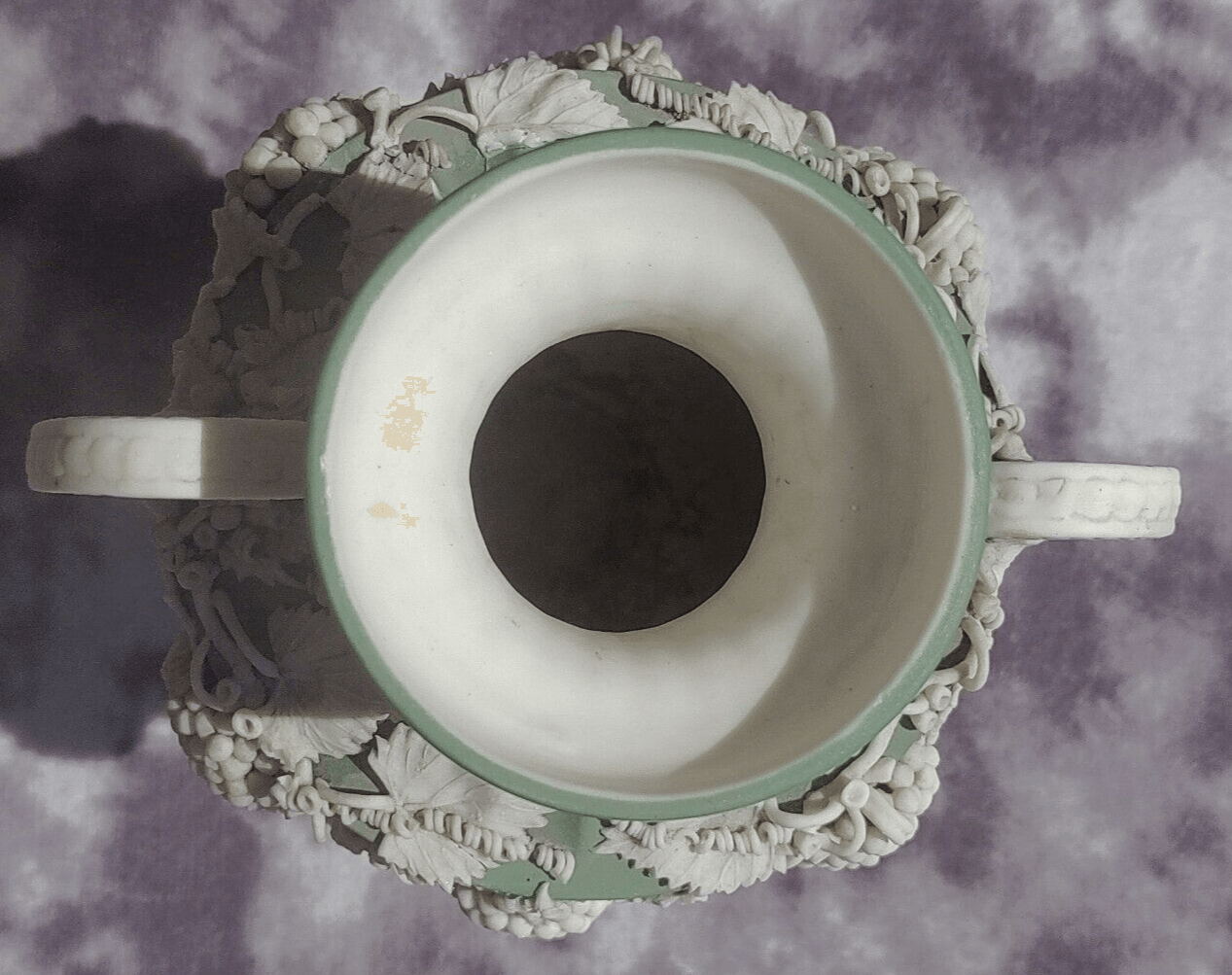 Victorian Antique Green Parian Jasperware Porcelain Vase with Vines & Grapes - 27 cm - Tommy's Treasure