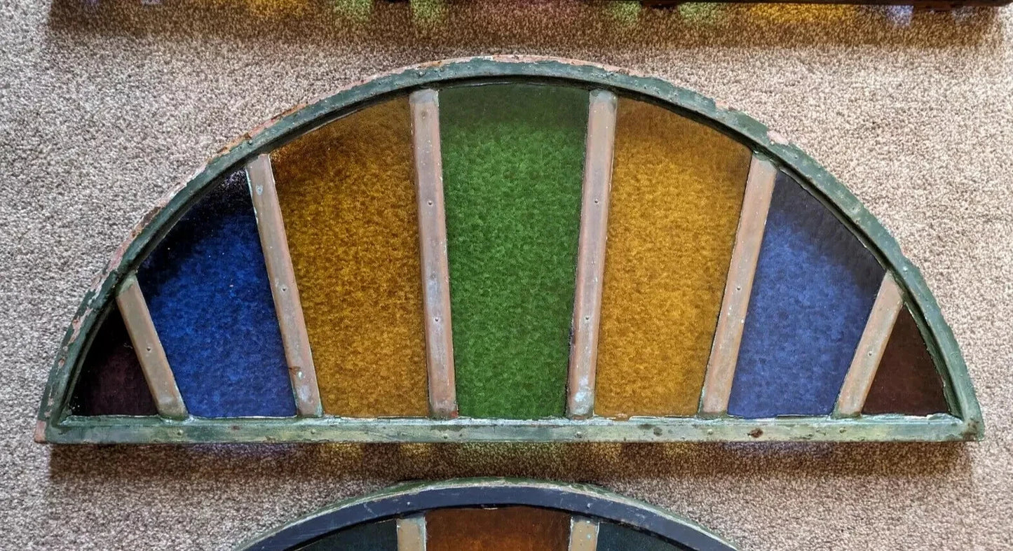 5x 19th Century Stained Glass Demi Lune Cast Iron Window Arch Panels