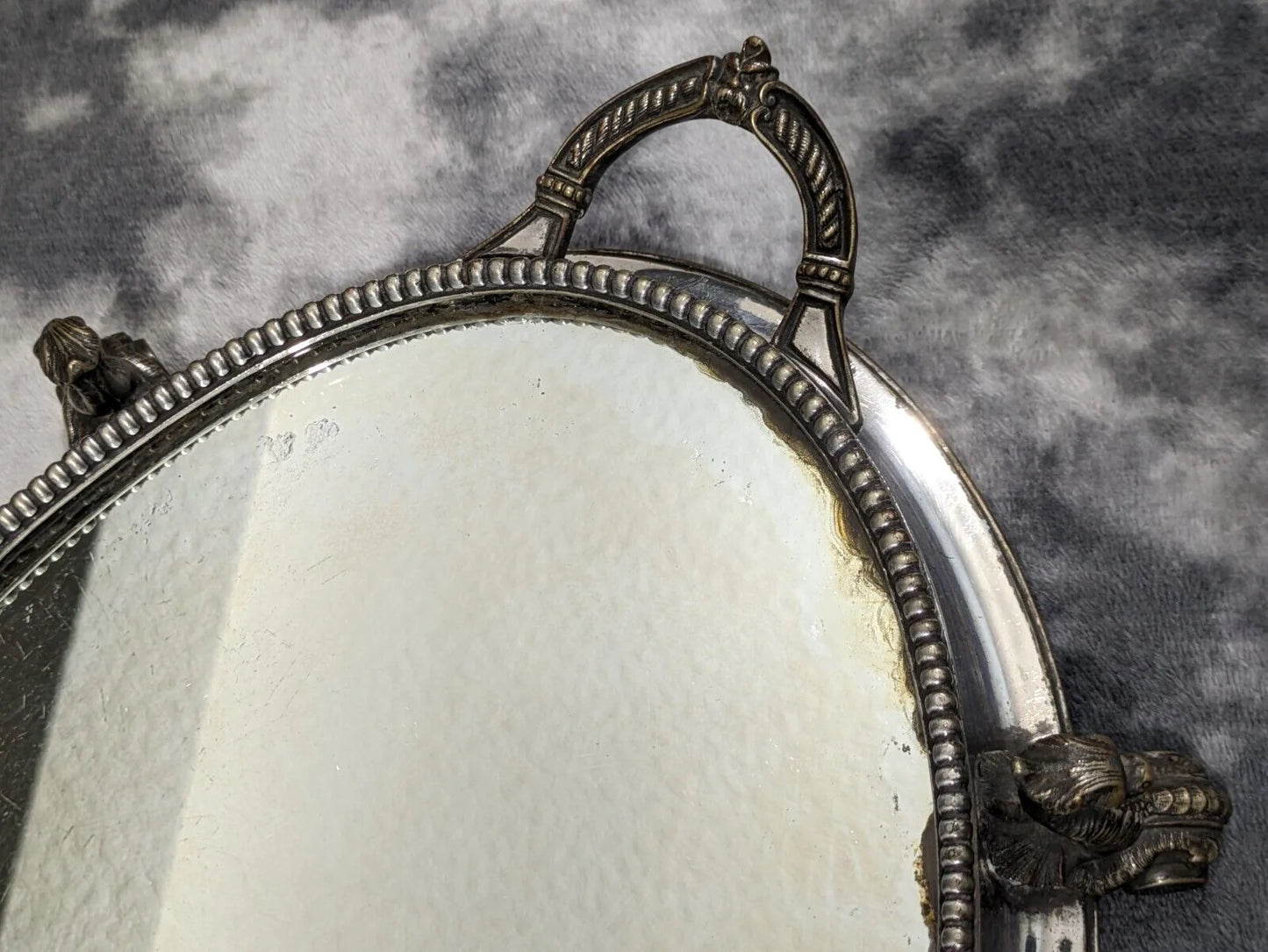 19th Century Victorian Oval Silver Plate Mirror Table Centerpiece Plateau Griffin Tray Antique 43 cm