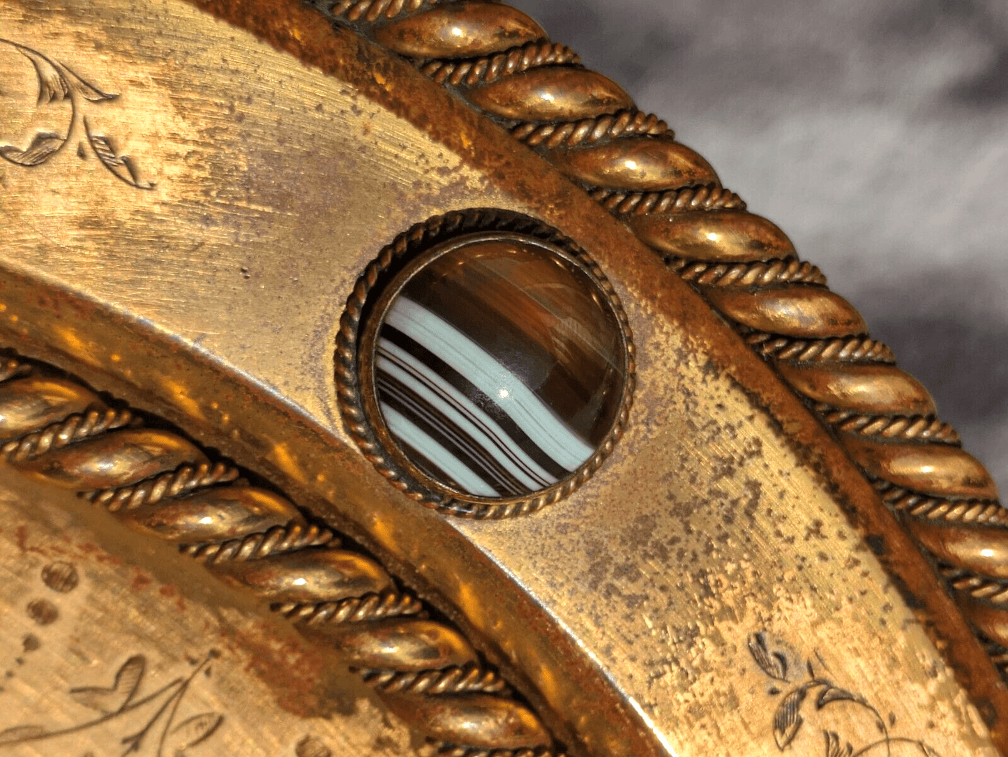 Antique 19th Century Scottish Arts Crafts Agate Cabochon Gilt Bronze Tazza Bowl - Tommy's Treasure