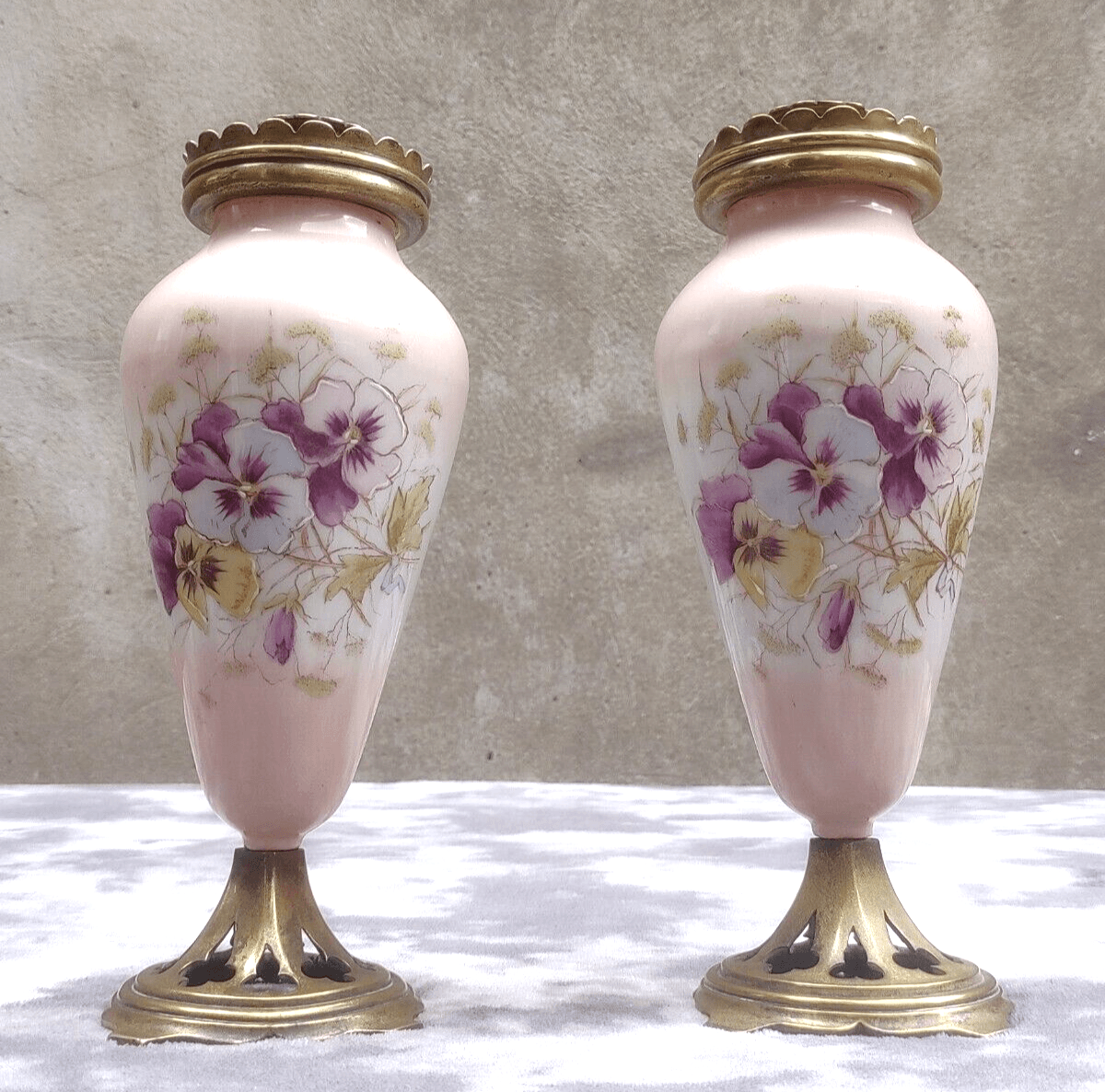 Antique Pair of 19th Century William Tonks & Sons Brass Ceramic Candlestick Holders - Tommy's Treasure