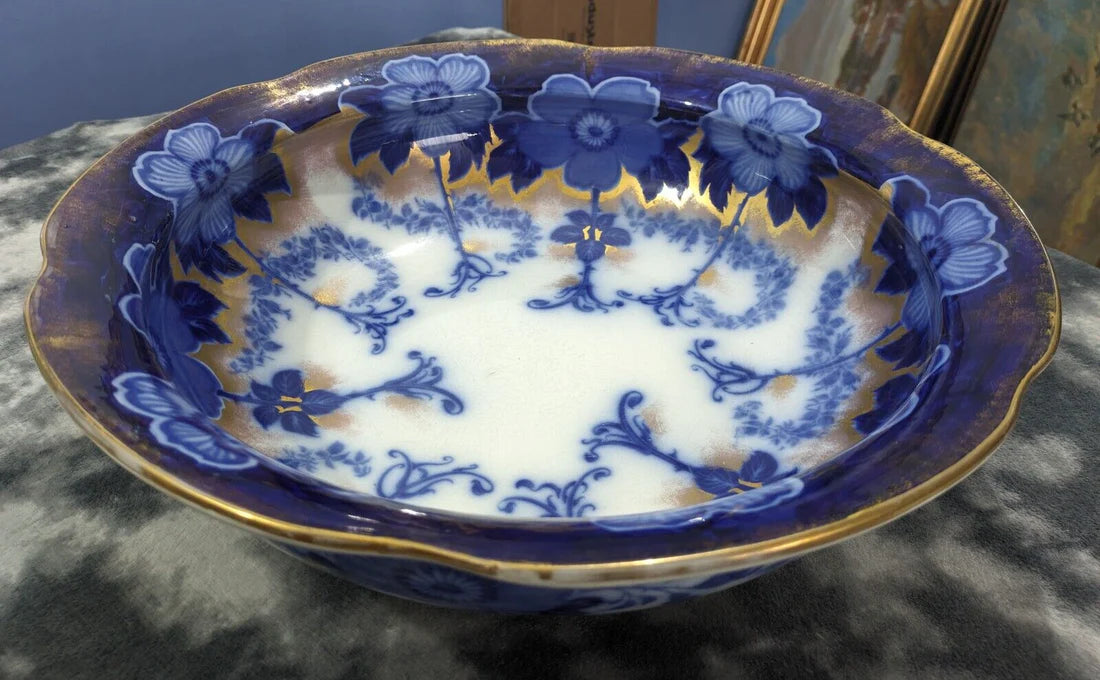 Rare Burgess and Leigh Middleport Briar Pattern Gilt Flow Blue Wash Bowl Basin Antique Edwardian Pottery Ceramic 42.5 cm