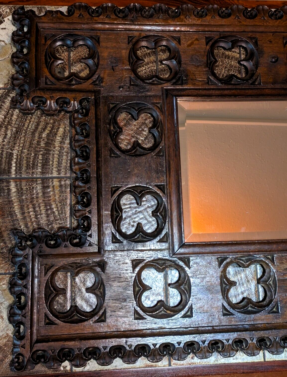 15th Century Gothic Carved Oak Wood Quatrefoil Tracery Panel Antique 19th Mirror
