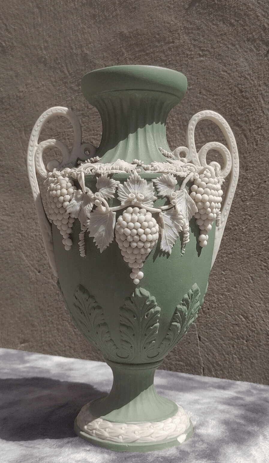 Victorian Antique Green Parian Jasperware Porcelain Vase with Vines & Grapes - 27 cm - Tommy's Treasure