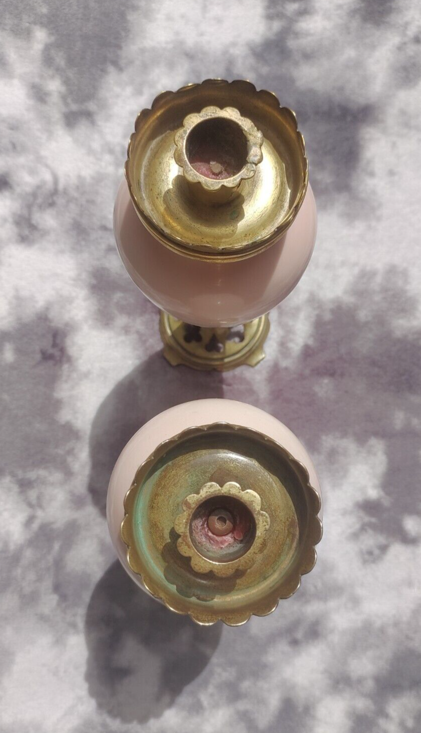 Antique Pair of 19th Century William Tonks & Sons Brass Ceramic Candlestick Holders