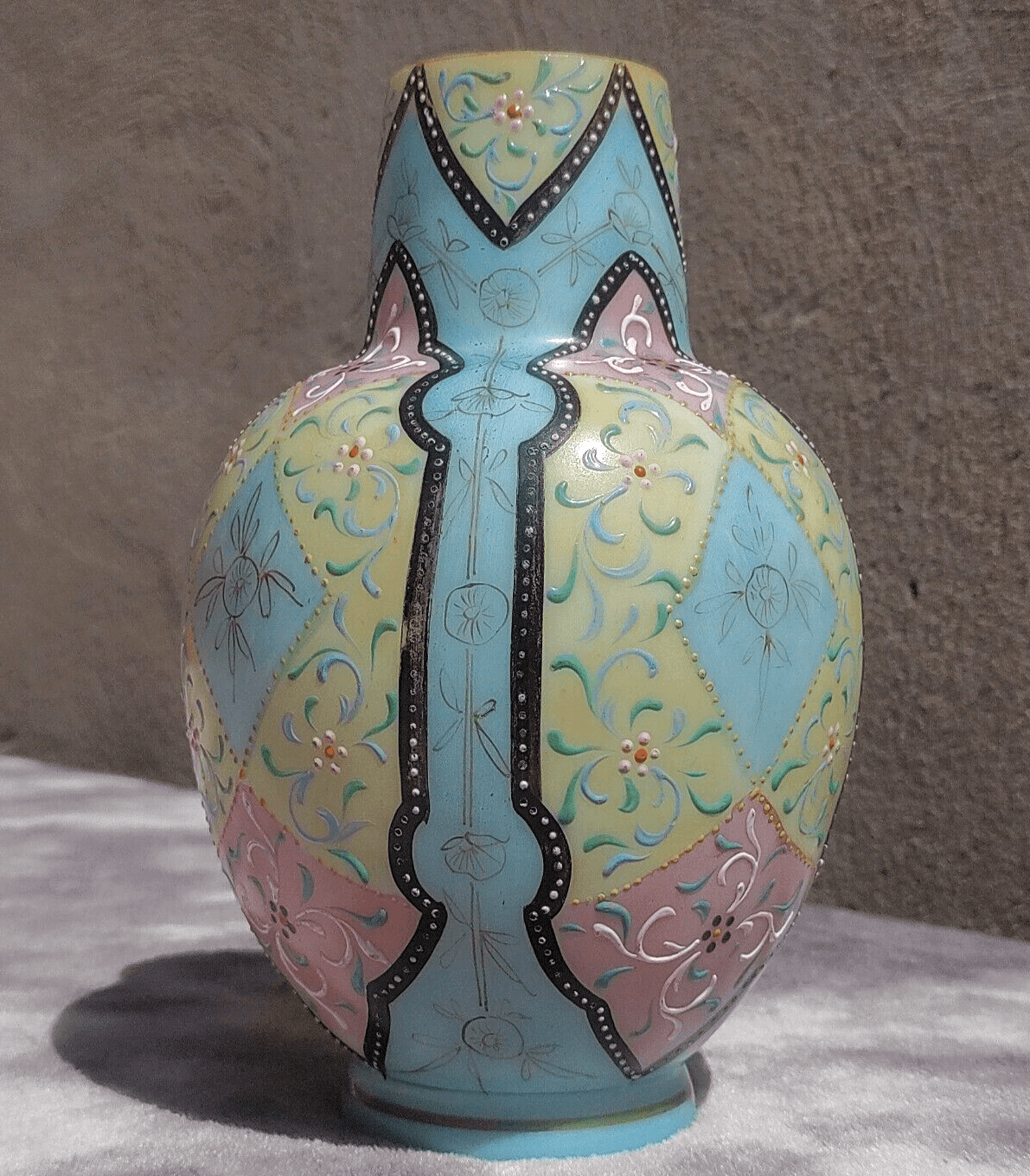 Antique Harrach Bohemian Czech Glass Victorian Blue Pink Cream Moroccan Vase - Tommy's Treasure