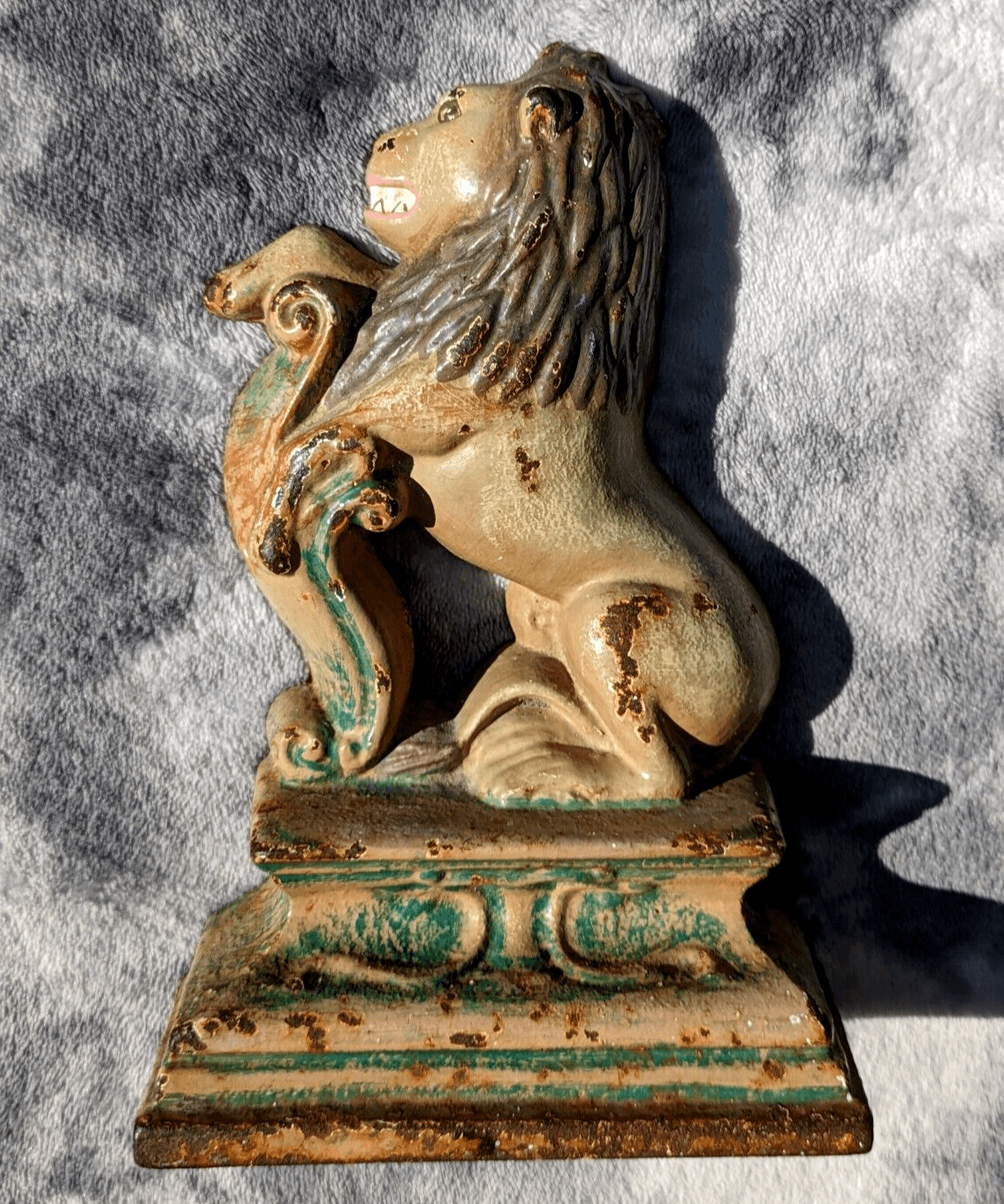 Victorian Antique Cast Iron Painted Heraldic Rampant Lion Door Stop Porter - Tommy's Treasure