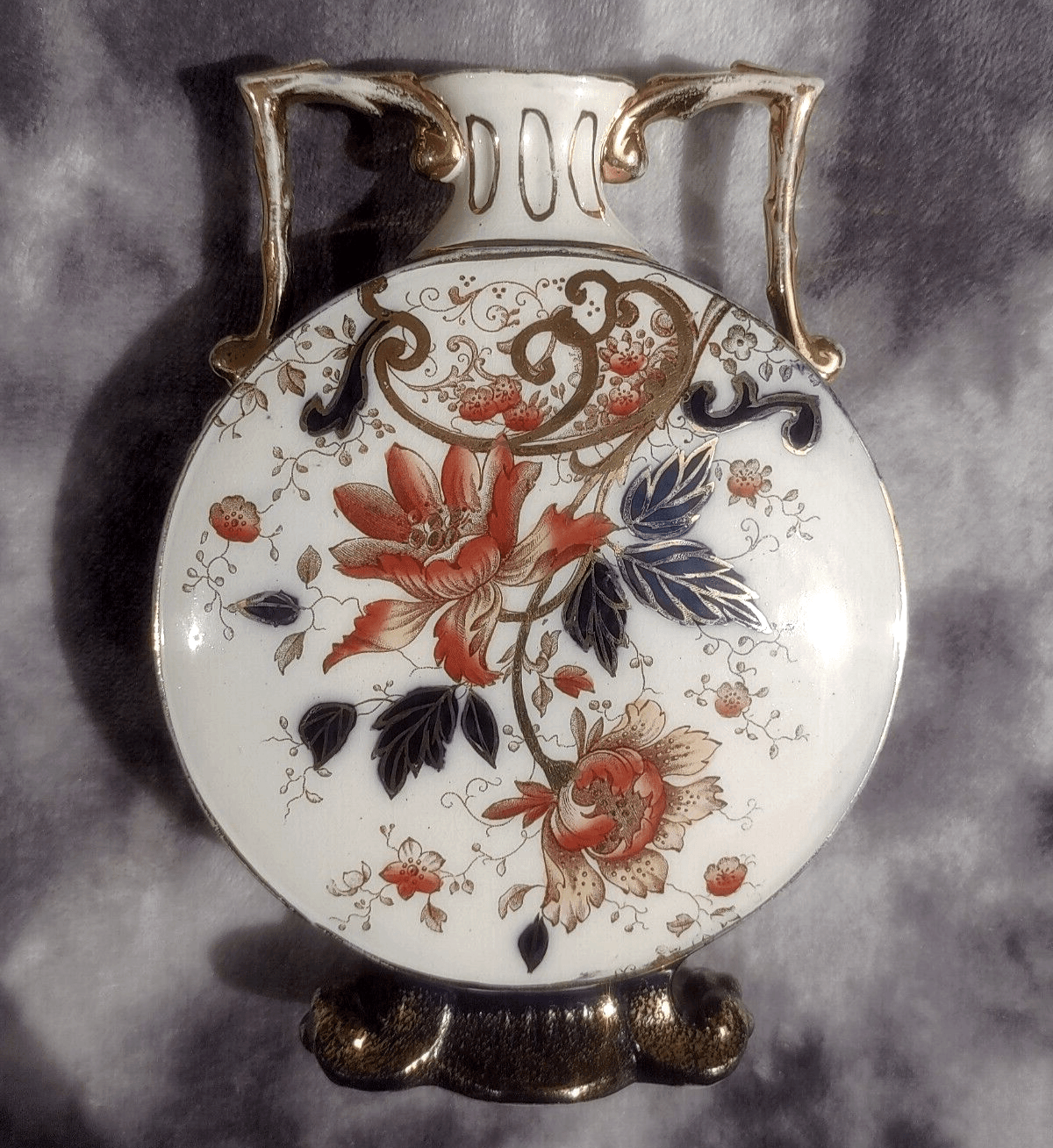 Victorian 1891 Ceramic Moon Flask Vase Antique Staffordshire Imari Style 19.5 cm - Tommy's Treasure