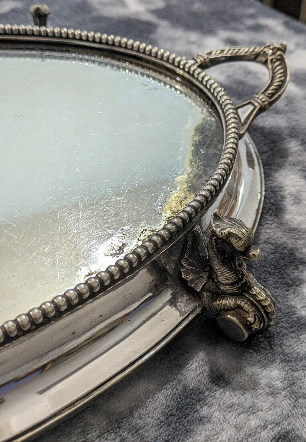 19th Century Victorian Oval Silver Plate Mirror Table Centerpiece Plateau Griffin Tray Antique 43 cm
