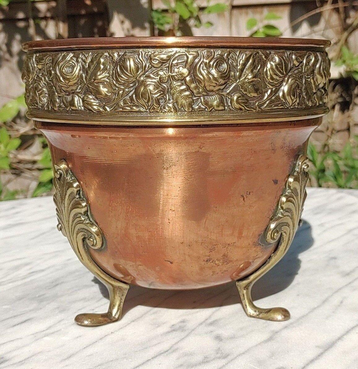 Antique Art Nouveau Copper & Brass Floral Repousse Jardiniere Footed Planter - Tommy's Treasure