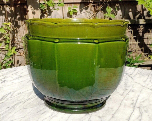 English Antique Joseph Holdcroft Green Glazed Ceramic Pottery Jardiniere Planter - Tommy's Treasure