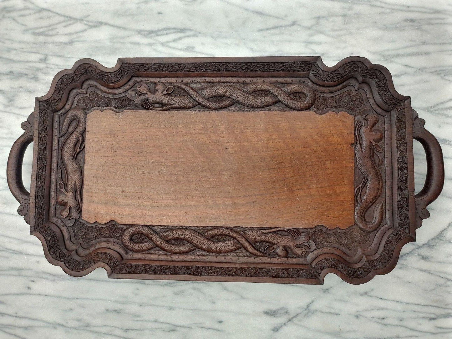 Antique c.1900 Anglo Indian Carved Wooden Dragon & Foliate Serving Tray - 59 cm - Tommy's Treasure