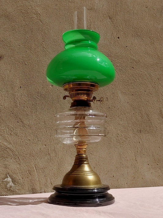 Victorian Oil Lamp Brass Facet Cut Glass Font Duplex Burner Cased Shade - Tommy's Treasure