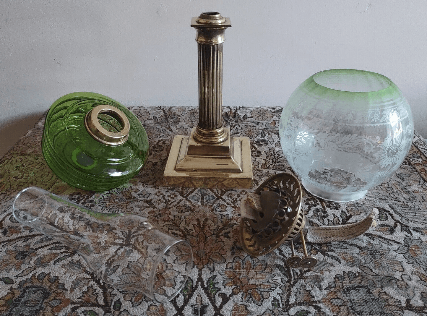 Antique Green Glass Oil Lamp Font Column Base Eltex Duplex Burner Optic Shade - Tommy's Treasure