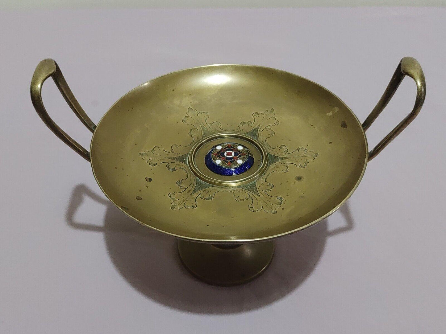 19th Century Arts & Crafts Brass Enamelled Tazza Pedestal Compote Dish - Tommy's Treasure