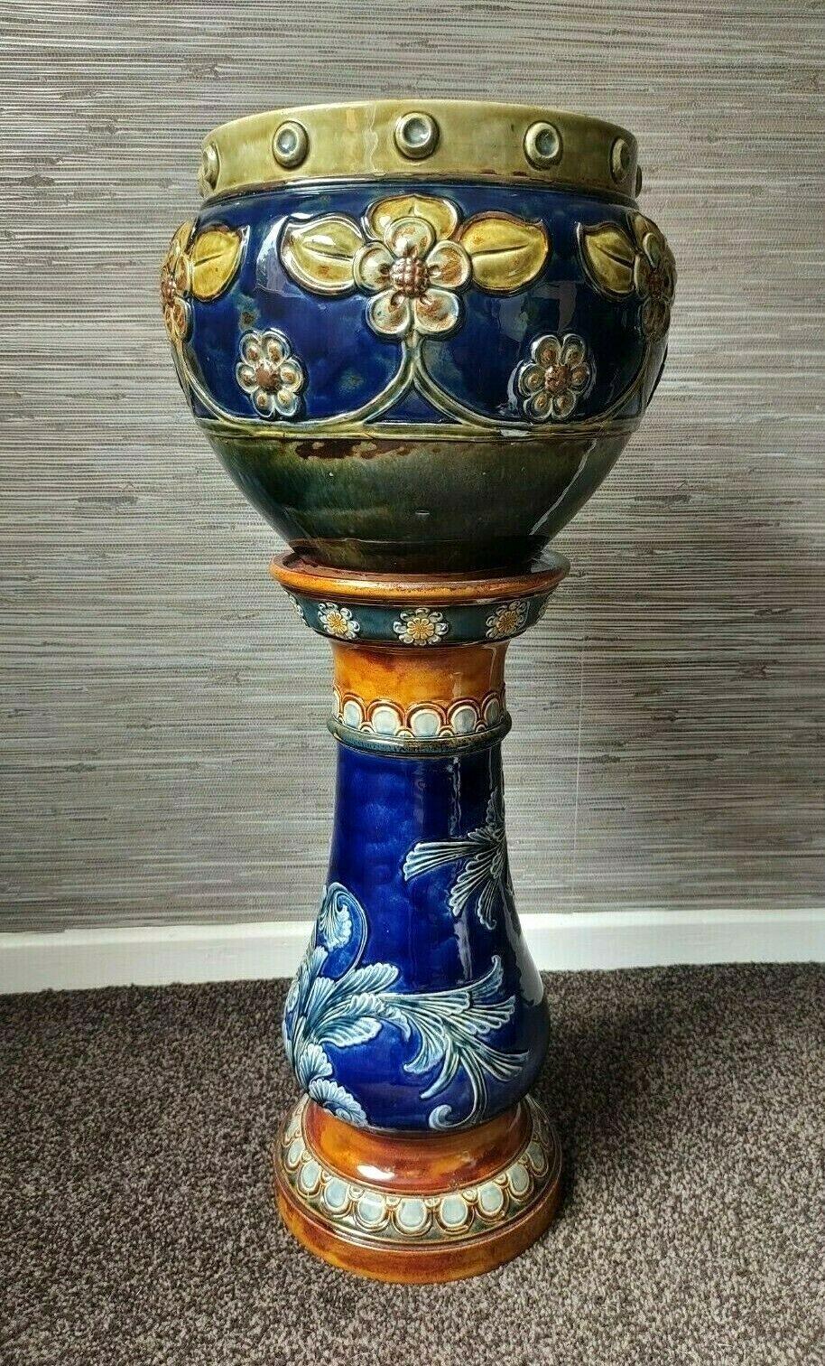 Large Royal Doulton Art Nouveau Jardiniere & Stand Stoneware Pottery - Tommy's Treasure