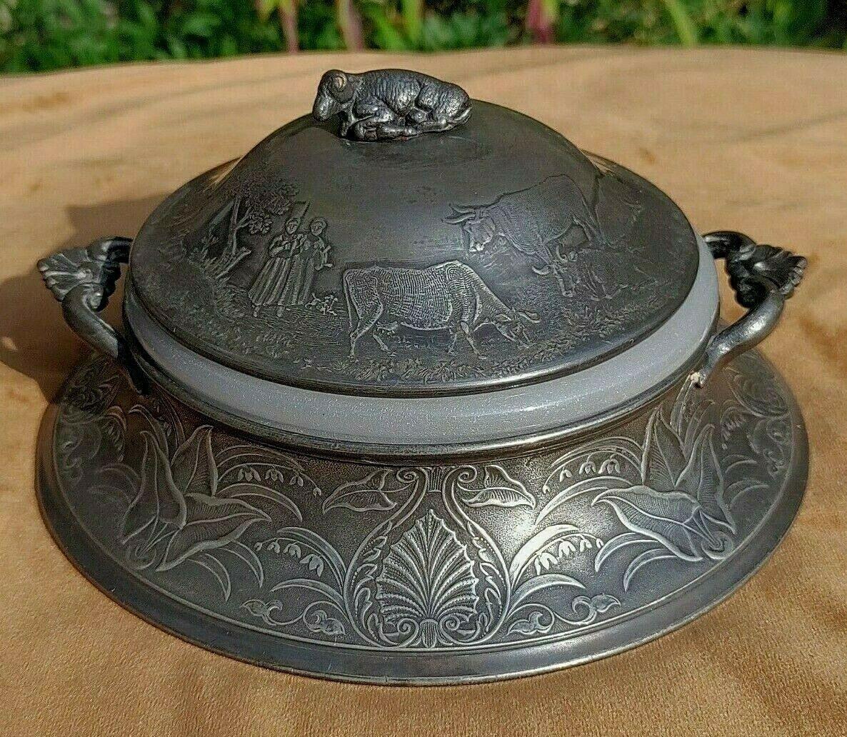 Antique Pewter Butter Dish Embossed Farm Agriculture Scene + Glass Liner - Tommy's Treasure