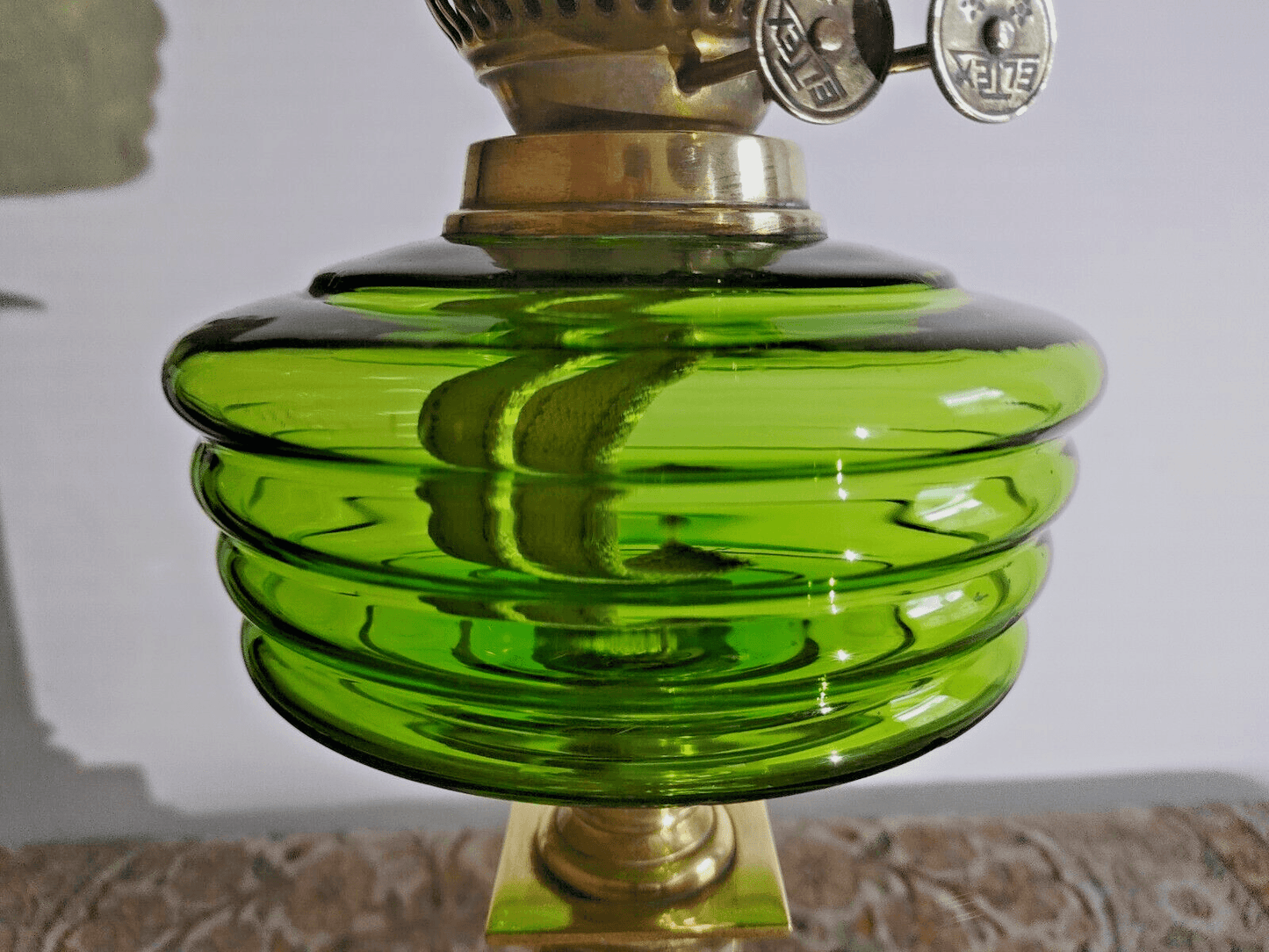 Antique Green Glass Oil Lamp Font Column Base Eltex Duplex Burner Optic Shade - Tommy's Treasure