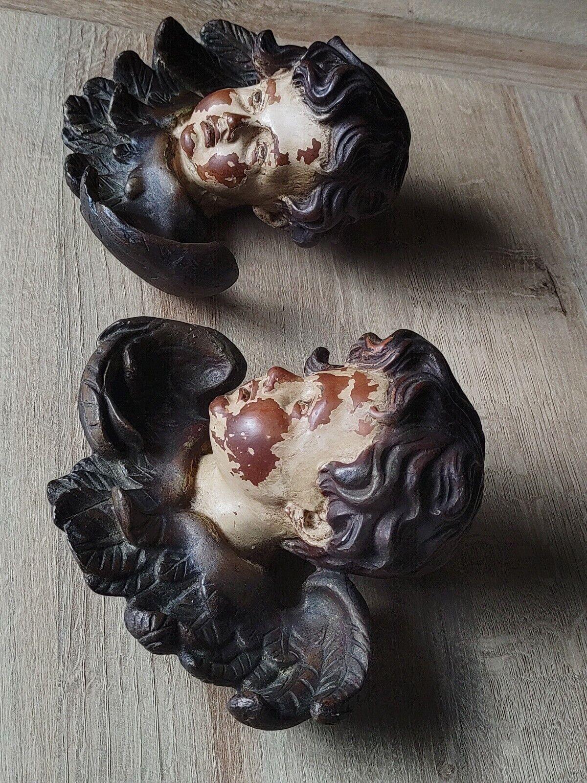 Antique Pair of German Baroque Cherub Angel Putti Head Plaster Wood Wall Plaques - Tommy's Treasure